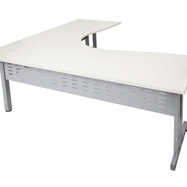 CLEG Corner Workstation 1800mm x 1200mm x 700mm D x 730mm H Dual Post Leg In Silver P/C – Matching Perforated Modesty Panels E0 Rated Melamine Board – 1 x 80mm Dia. Cable Entry Hole – White (RCLCWS18127M W)