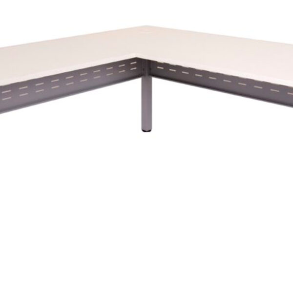 CLEG Corner Workstation 1500mm x 1500mm x 700mm D x 730mm H Dual Post Leg In Silver P/C – Matching Perforated Modesty Panels E0 Rated Melamine Board – 1 x 80mm Dia. Cable Entry Hole – White (RCLCWS15157M W)