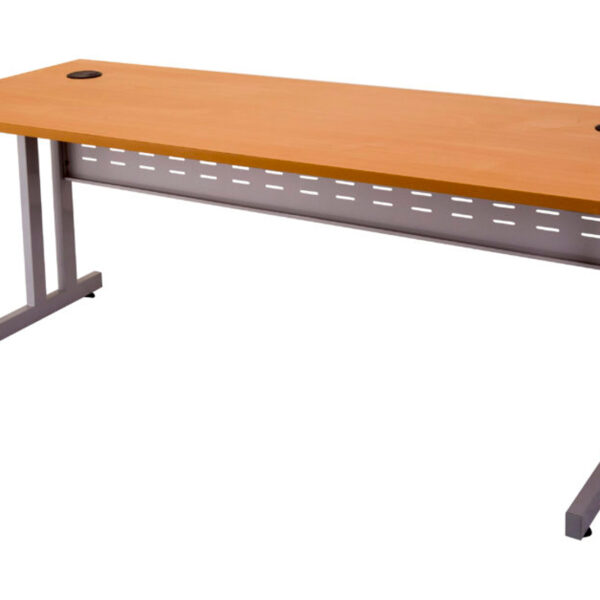 CLEG Open Workstation 1200mm W x 700mm D x 730mm H Dual Post Leg in Silver P/C – Matching Perforated Modesty Panel E0 Rated Melamine Board – 2 x 80mm Dia. Cable Entry Holes – Beech (RCLD127M B)