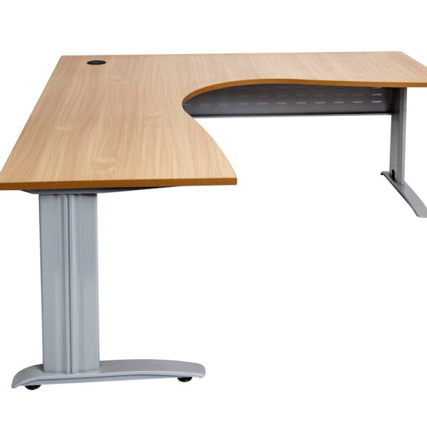Rapid Span Corner Workstation 1500mm x 1500mm x 700mm D x 730mm H Unique Span Leg – Matching Perforated Modesty Panel With Corner Leg E0 Rated Melamine Board – 1 x 80mm Dia Cable Entry Hole – Beech  (Brushed Silver) (RSCWS15157M SB)