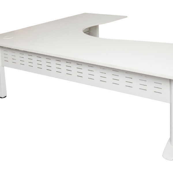 Rapid Span Corner Workstation 1800mm x 1800mm x 700mm D x 730mm H Unique Span Leg – Matching Perforated Modesty Panel With Corner Leg E0 Rated Melamine Board – 1 x 80mm Dia Cable Entry Hole0 – White  (White Satin) (RSCWS18187 WW)