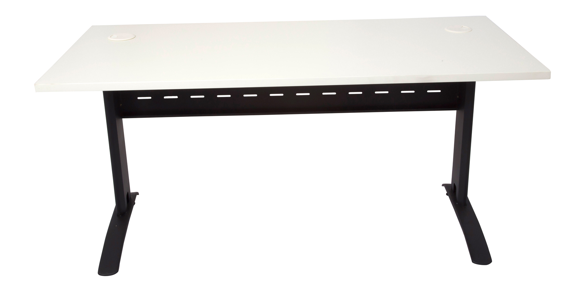 Rapid Span Open Workstation 1500mm W x 700mm D x 730mm H Unique Span Leg - Matching Perforated Modesty Panel E0 Rated Melamine Board - 2 x 80mm Dia Cable Entry Holes - White (Black) (RSD1577M BW) - Image 2