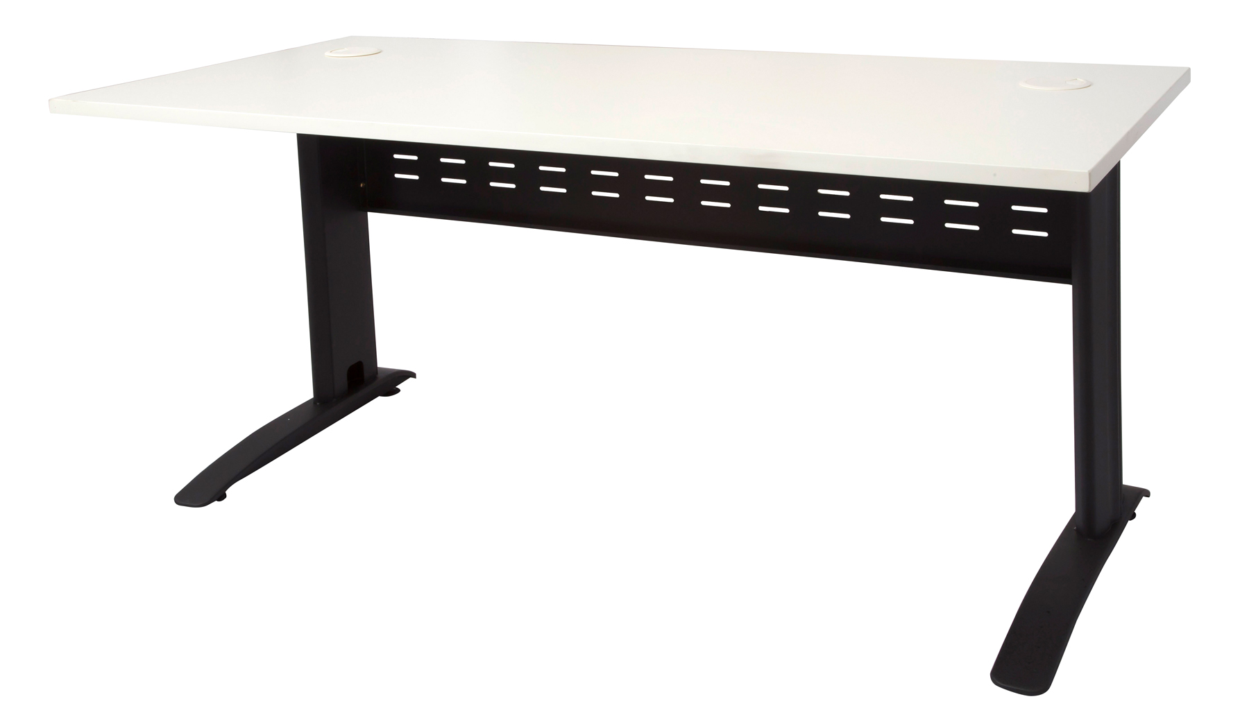 Rapid Span Open Workstation 1500mm W x 700mm D x 730mm H Unique Span Leg - Matching Perforated Modesty Panel E0 Rated Melamine Board - 2 x 80mm Dia Cable Entry Holes - White (Black) (RSD1577M BW)