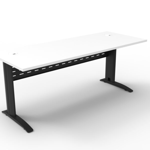 Rapid Span Open Workstation 1800mm W x 700mm D x 730mm H Unique Span Leg – Matching Perforated Modesty Panel E0 Rated Melamine Board – 2 x 80mm Dia Cable Entry Holes – White (Black) (RSD1877M BW)