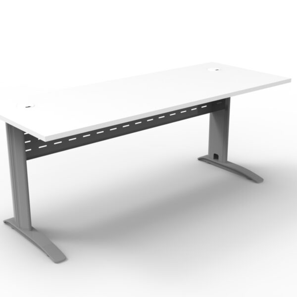 Rapid Span Open Workstation 1800mm W x 700mm D x 730mm H Unique Span Leg – Matching Perforated Modesty Panel E0 Rated Melamine Board – 2 x 80mm Dia Cable Entry Holes – White  (Brushed Silver) (RSD1877M SW)