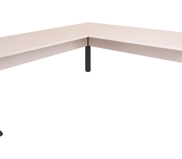 Rapid Span Open Workstation With Return – Two Piece Top 1800mm x 1800mm x 700mm D x 730mm H – Return 600mm D Unique Span Leg -Matching Perforated Modesty Panels With Corner Pole E0 Rated Melamine Board – 2 x 80mm Dia. Cable Entry Holes – Beech (White Satin) (RSDR1818M WB)