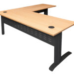 Rapid Span Open Workstation With Return - Two Piece Top 1800mm x 1800mm x 700mm D x 730mm H - Return 600mm D Unique Span Leg -Matching Perforated Modesty Panels With Corner Pole E0 Rated Melamine Board - 2 x 80mm Dia. Cable Entry Holes - Beech (Black) (RSDR1818M BB)
