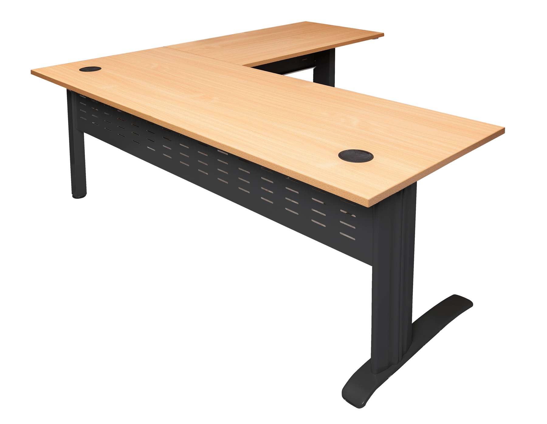 Rapid Span Open Workstation With Return - Two Piece Top 1800mm x 1800mm x 700mm D x 730mm H - Return 600mm D Unique Span Leg -Matching Perforated Modesty Panels With Corner Pole E0 Rated Melamine Board - 2 x 80mm Dia. Cable Entry Holes - Beech (Black) (RSDR1818M BB)