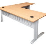 Rapid Span Open Workstation With Return - Two Piece Top 1800mm x 1800mm x 700mm D x 730mm H - Return 600mm D Unique Span Leg -Matching Perforated Modesty Panels With Corner Pole E0 Rated Melamine Board - 2 x 80mm Dia. Cable Entry Holes - Beech (Brushed Silver) (RSDR1818M SB)