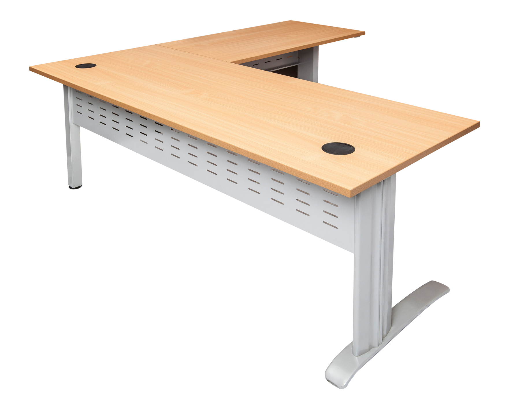 Rapid Span Open Workstation With Return - Two Piece Top 1800mm x 1800mm x 700mm D x 730mm H - Return 600mm D Unique Span Leg -Matching Perforated Modesty Panels With Corner Pole E0 Rated Melamine Board - 2 x 80mm Dia. Cable Entry Holes - Beech (Brushed Silver) (RSDR1818M SB)