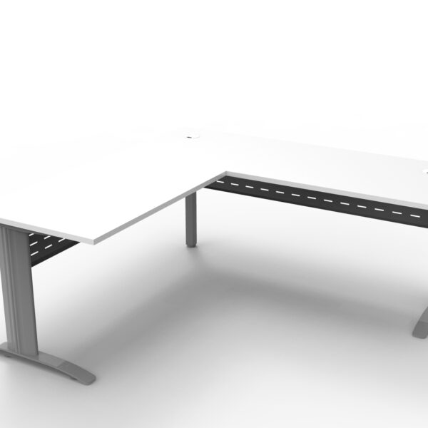 Rapid Span Open Workstation With Return – Two Piece Top 1800mm x 1800mm x 700mm D x 730mm H – Return 600mm D Unique Span Leg -Matching Perforated Modesty Panels With Corner Pole E0 Rated Melamine Board – 2 x 80mm Dia. Cable Entry Holes – White (Brushed Silver) (RSDR1818M SW)