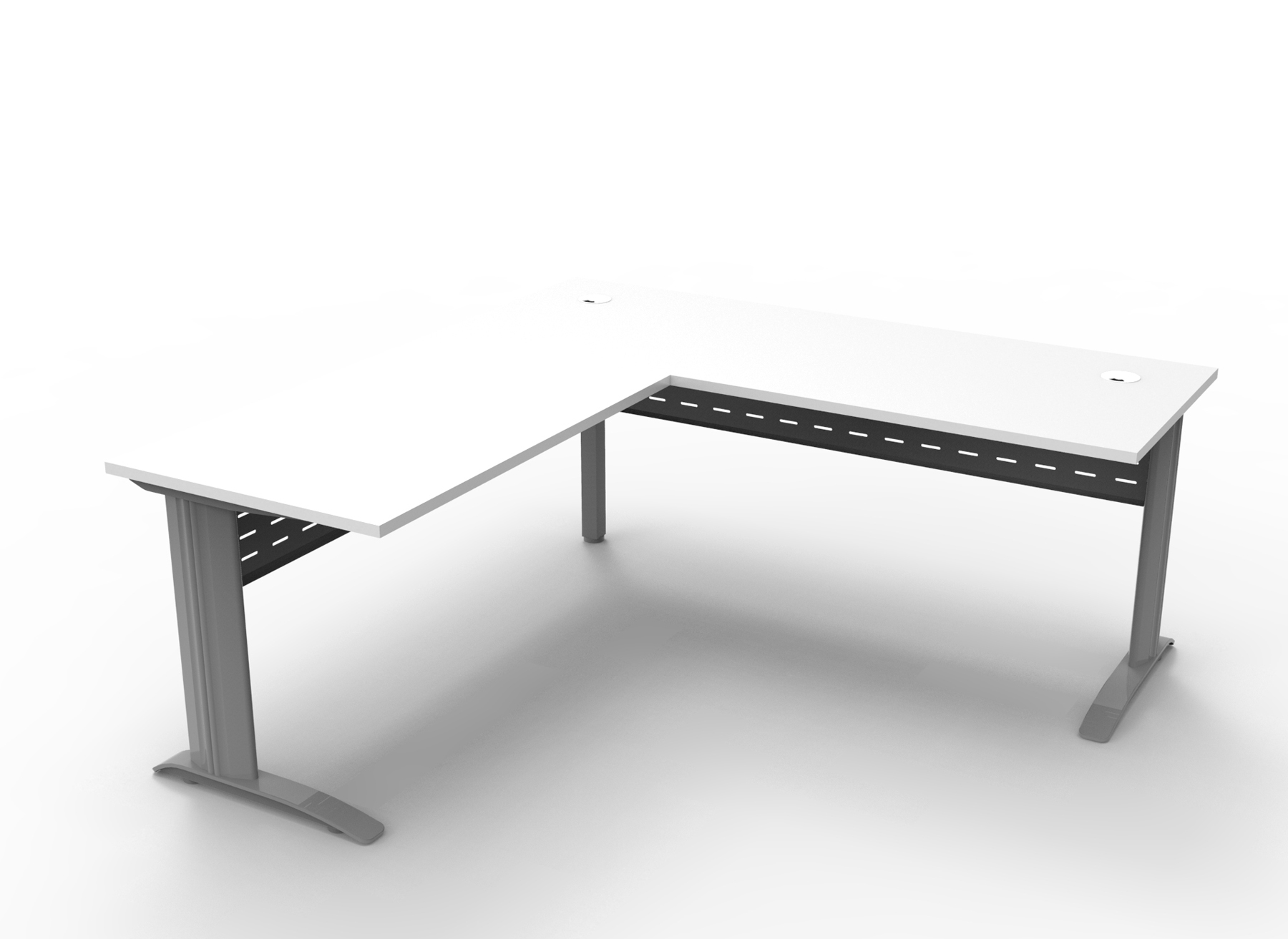 Rapid Span Open Workstation With Return - Two Piece Top 1800mm x 1800mm x 700mm D x 730mm H - Return 600mm D Unique Span Leg -Matching Perforated Modesty Panels With Corner Pole E0 Rated Melamine Board - 2 x 80mm Dia. Cable Entry Holes - White (Brushed Silver) (RSDR1818M SW)