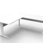 Rapid Span Open Workstation With Return - Two Piece Top 1800mm x 1800mm x 700mm D x 730mm H - Return 600mm D Unique Span Leg -Matching Perforated Modesty Panels With Corner Pole E0 Rated Melamine Board - 2 x 80mm Dia. Cable Entry Holes - White (White Satin) (RSDR1818)M WW