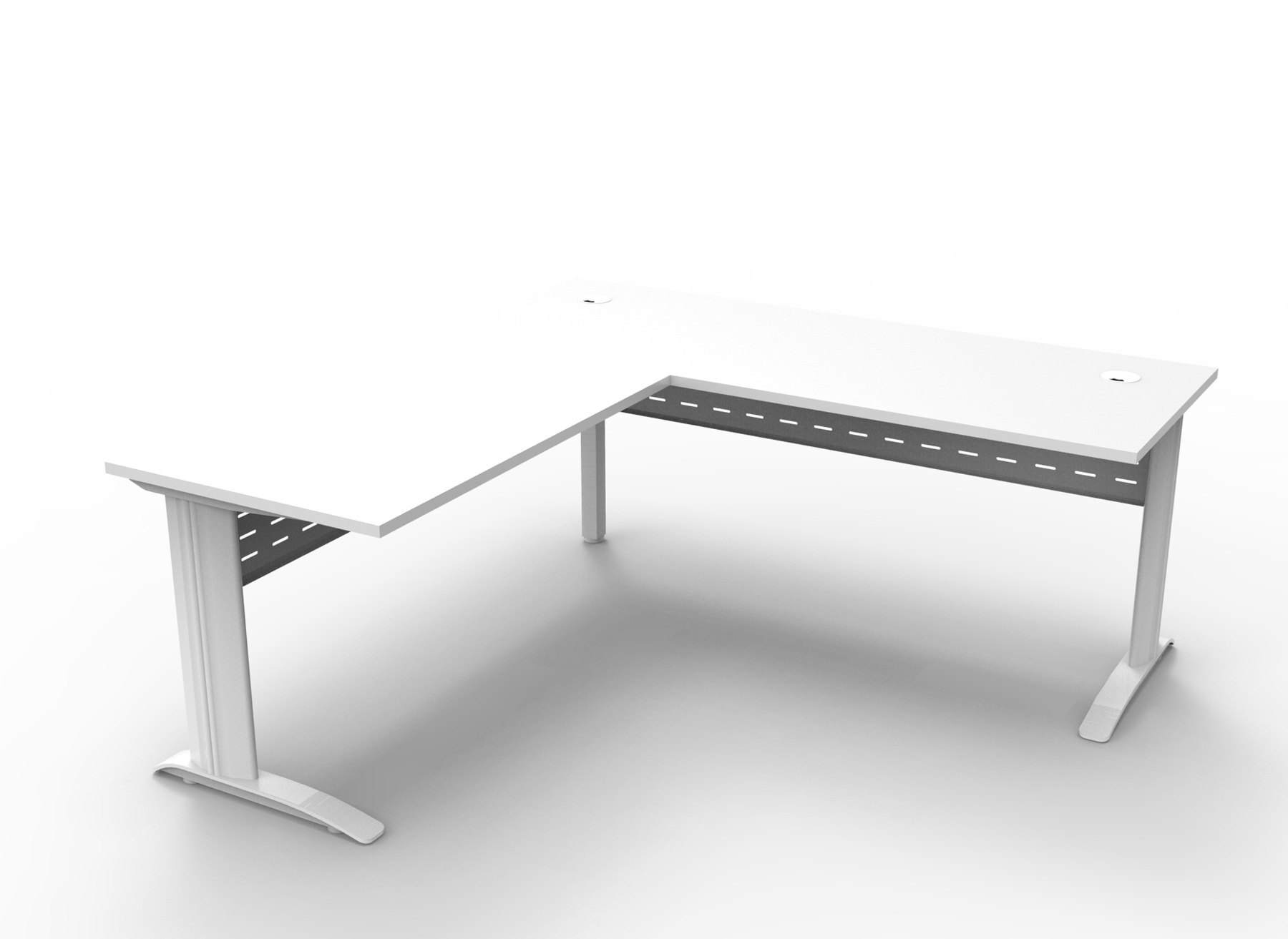 Rapid Span Open Workstation With Return - Two Piece Top 1800mm x 1800mm x 700mm D x 730mm H - Return 600mm D Unique Span Leg -Matching Perforated Modesty Panels With Corner Pole E0 Rated Melamine Board - 2 x 80mm Dia. Cable Entry Holes - White (White Satin) (RSDR1818)M WW