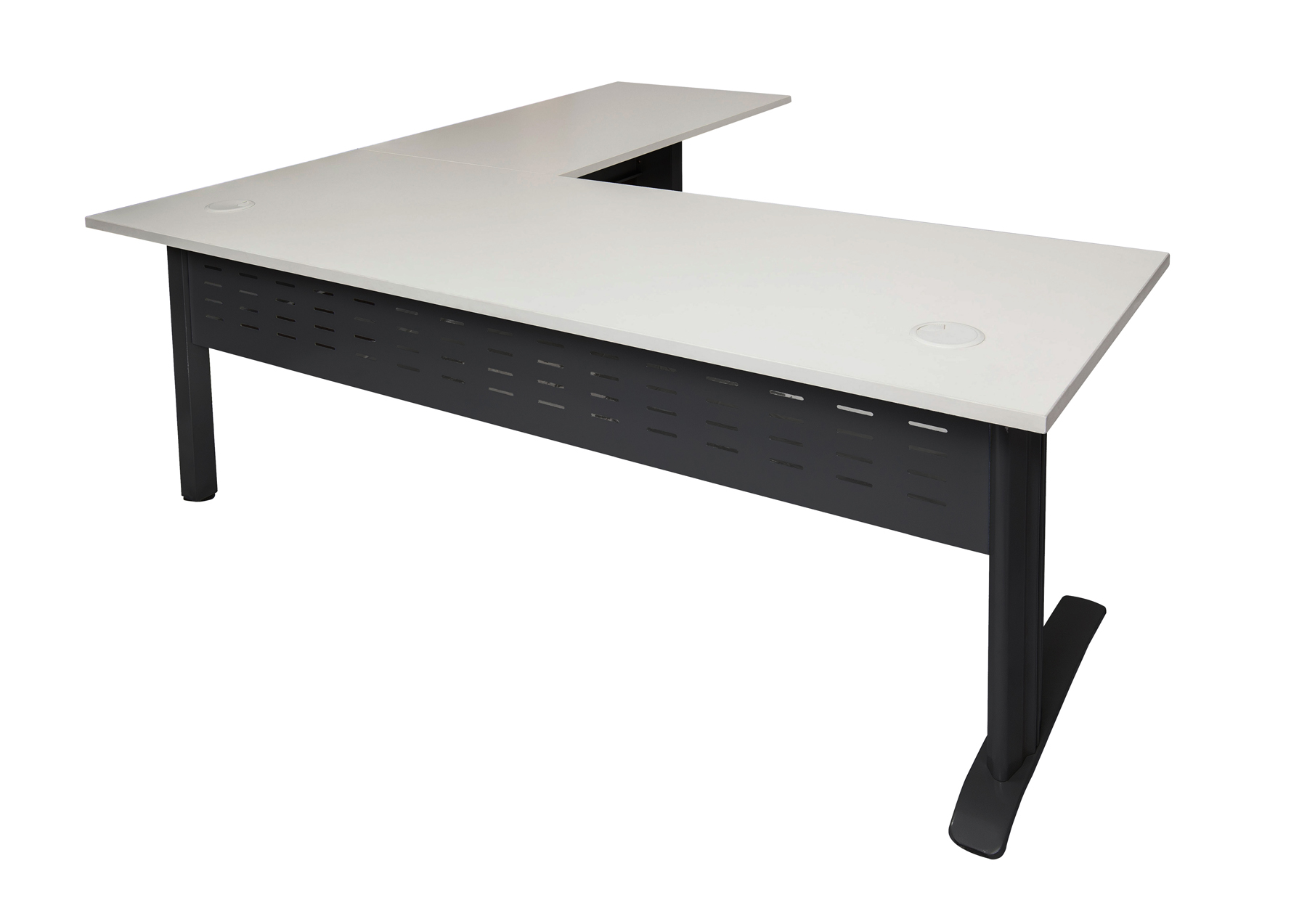 Rapid Span Open Workstation With Return - Two Piece Top 1800mm x 1800mm x 700mm D x 730mm H - Return 600mm D Unique Span Leg -Matching Perforated Modesty Panels With Corner Pole E0 Rated Melamine Board - 2 x 80mm Dia. Cable Entry Holes - White (Black) (RSDR1818M BW)