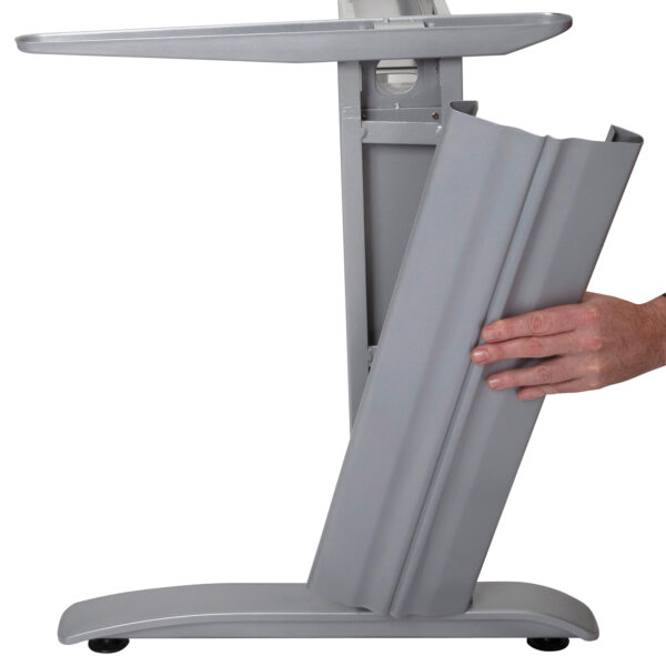 Span Workstation Leg Set ( 1 x LHS + 1 x RHS Leg Per Box) 560mm D x 705mm H x 60mm W Unique Design – Steel Construction – Cable Ducting Ability Within Leg – Brushed Silver (SPLEG BS)
