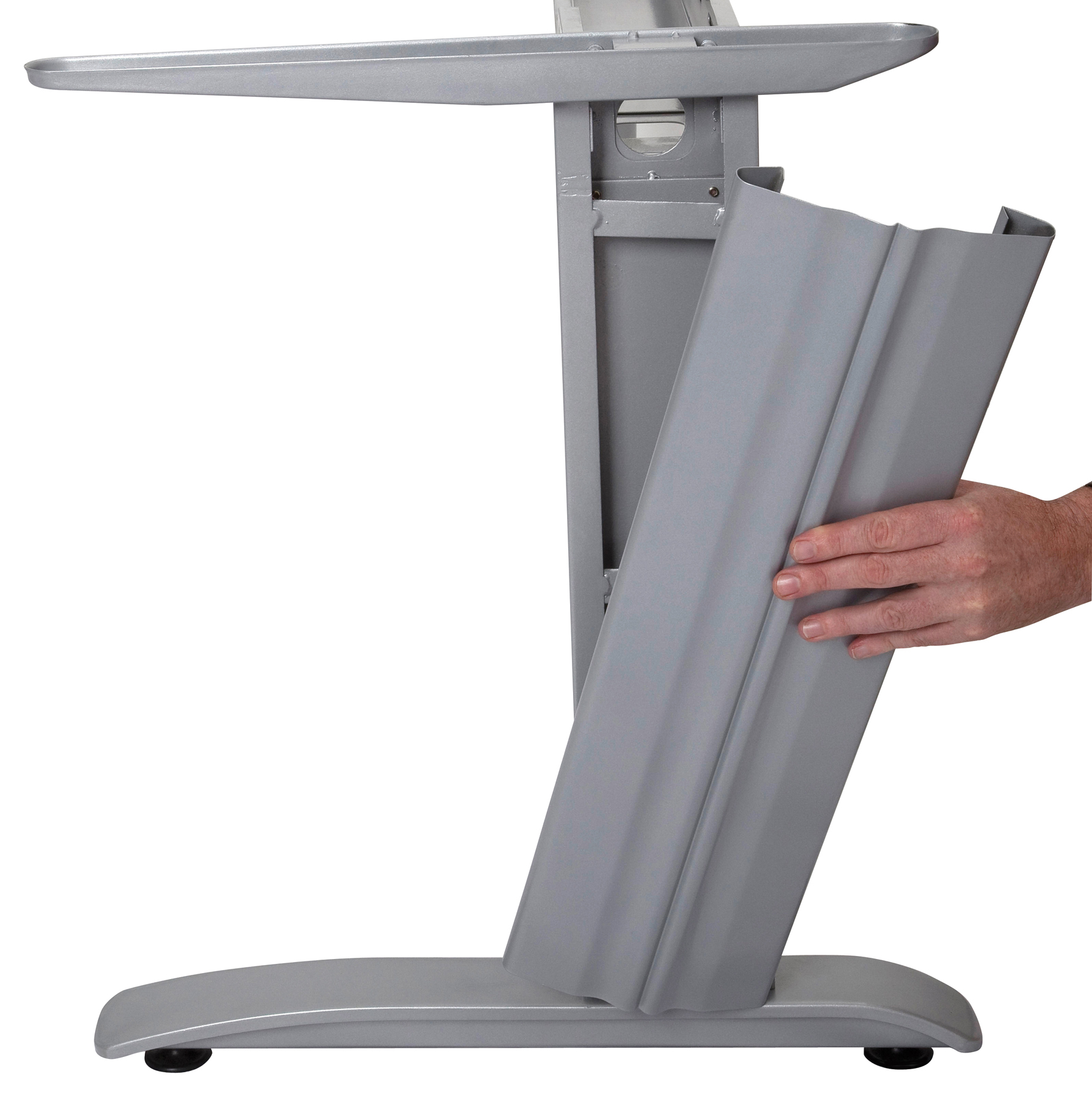 Span Workstation Leg Set ( 1 x LHS + 1 x RHS Leg Per Box) 560mm D x 705mm H x 60mm W Unique Design - Steel Construction - Cable Ducting Ability Within Leg - Brushed Silver (SPLEG BS) - Image 2