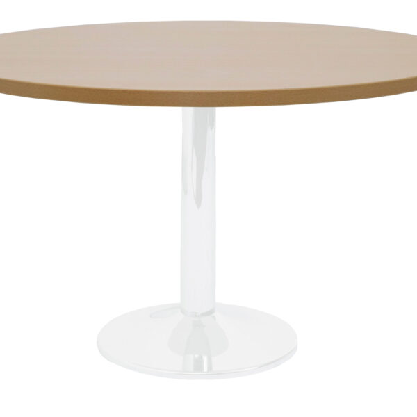 White P/C Disc Base Table With 1200mm Dia Beech Table Top