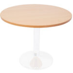 White P/C Disc Base Table With 900mm Dia Beech Table Top
