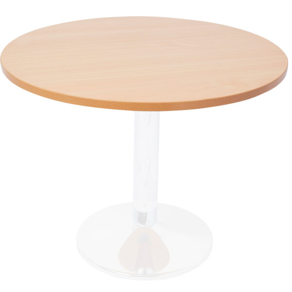 White P/C Disc Base Table With 900mm Dia Beech Table Top