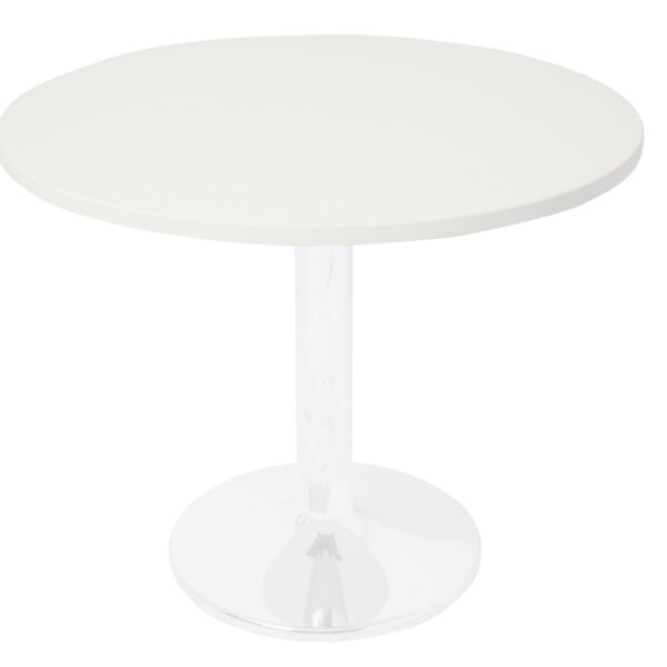 White P/C Disc Base Table With 900mm Dia Warm White Table Top